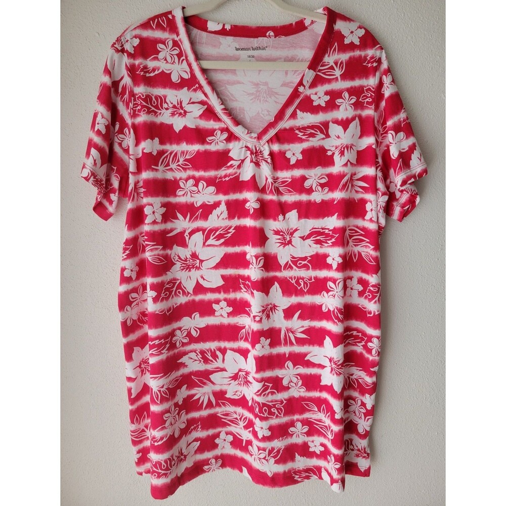 Woman Within 18/20 L Pink White Tropical Floral Stripe V Neck Cotton Plus Top
